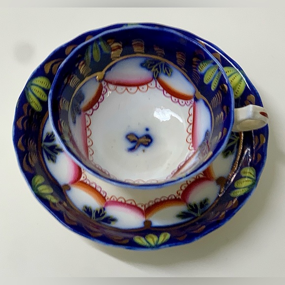 19th Century Antique Gaudy Welsh Banana Pattern Teacup & Saucer Set - Picture 4 of 10